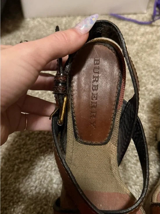 Burberry Tan, Brown and Black Canvas Slingback Wedges - Picture 3 of 7